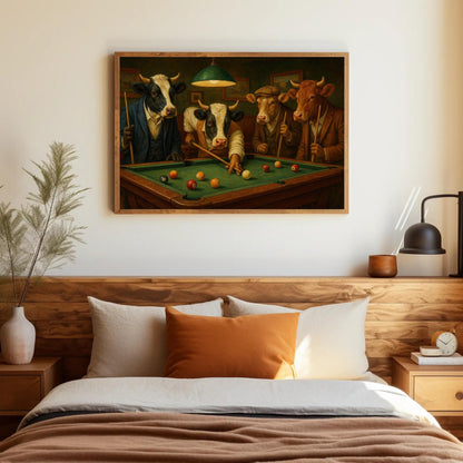 Cow Playing Pool Canvas - Humorous Farmhouse Wall Art | Rustic Game Room Decor - Antarmada