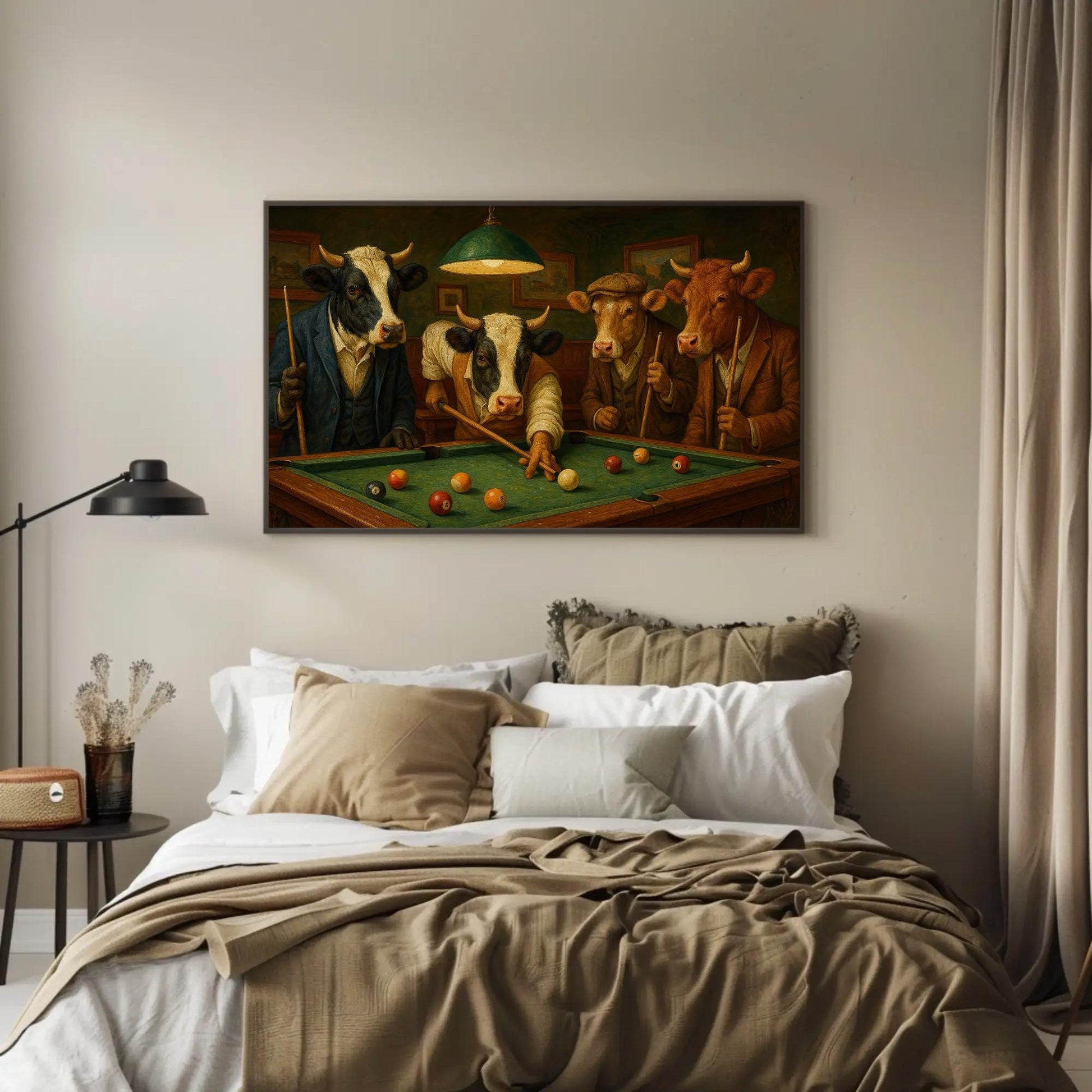 Cow Playing Pool Canvas - Humorous Farmhouse Wall Art | Rustic Game Room Decor - Antarmada