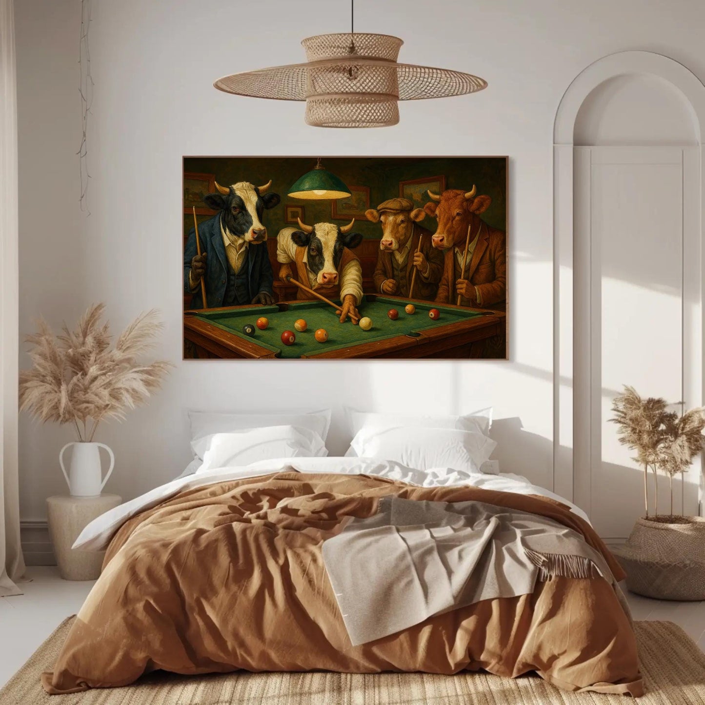 Cow Playing Pool Canvas - Humorous Farmhouse Wall Art | Rustic Game Room Decor - Antarmada