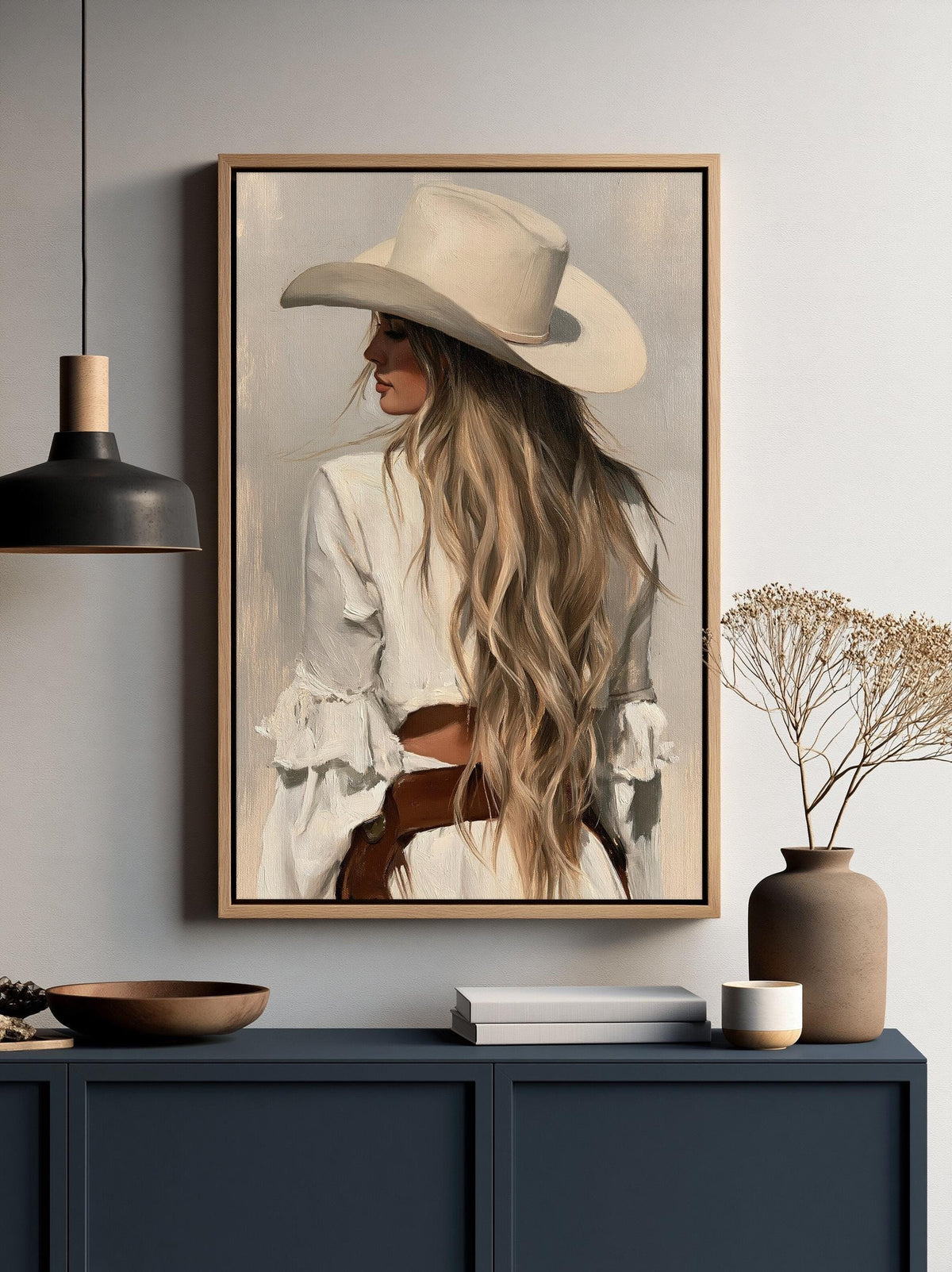 Cowgirl Canvas Wall Art, Woman In Cream Cowboy Hat, Sand Portrait - Antarmada