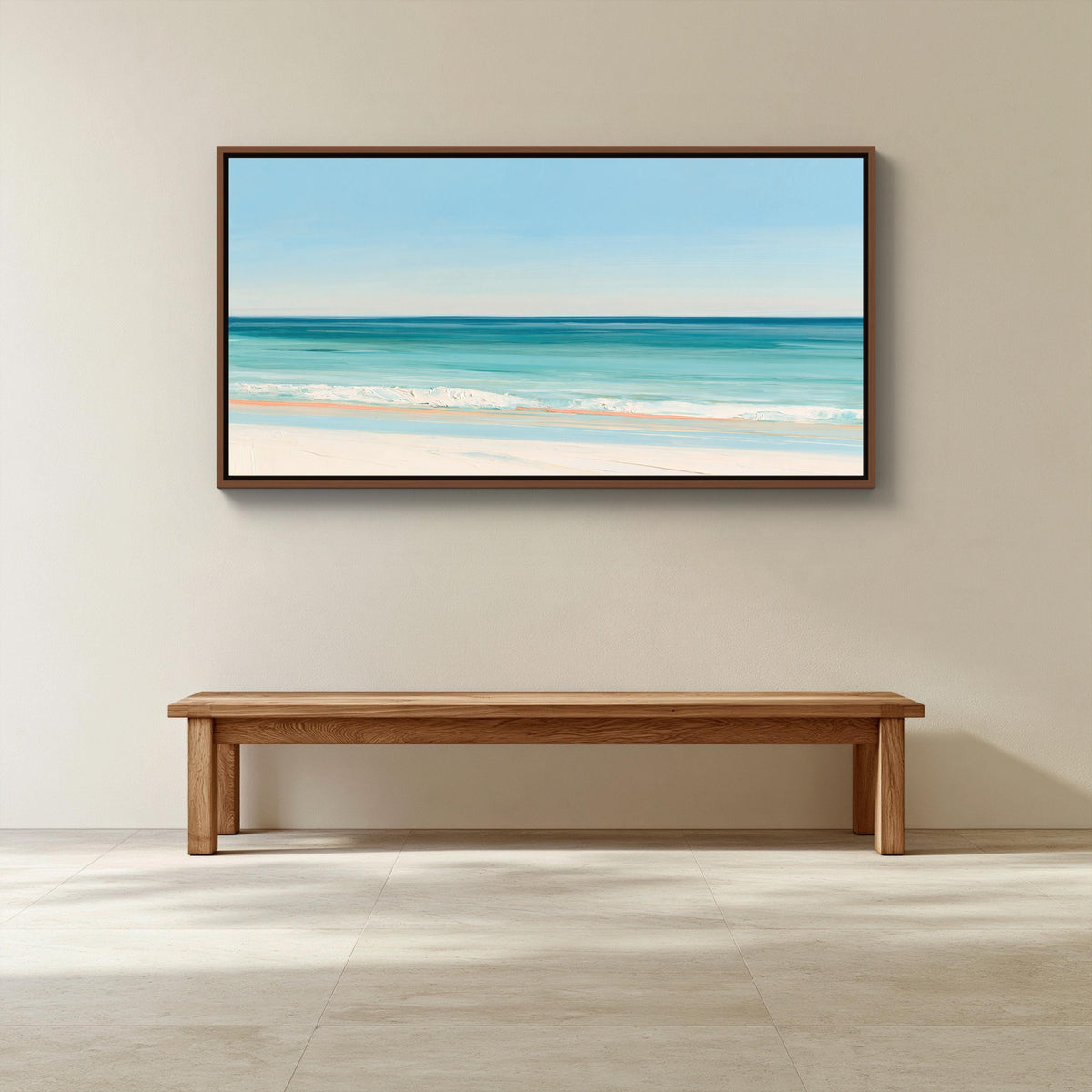 Turquoise ocean beach canvas wall art, large framed painting of a beach scene hanging on a wall above a wooden bench
