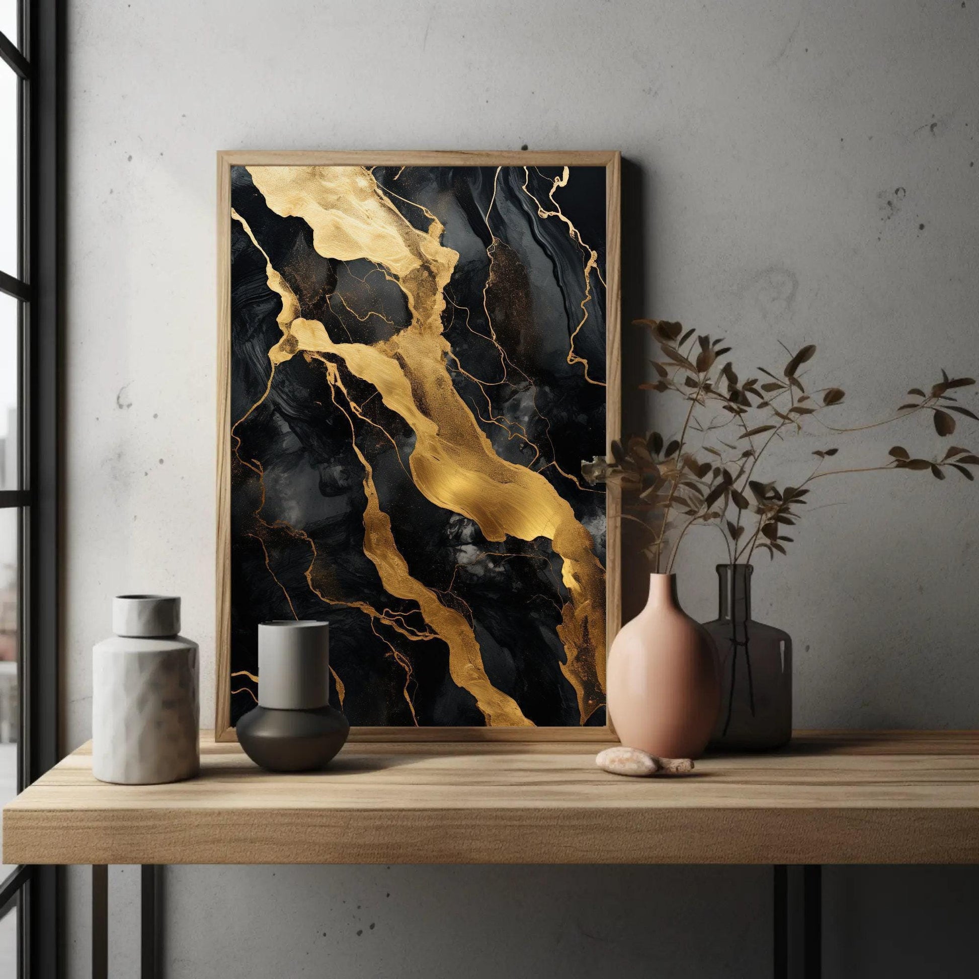 Black Gold Marble , Luxury Abstract canvas wall art shown in a styled room (view 3)