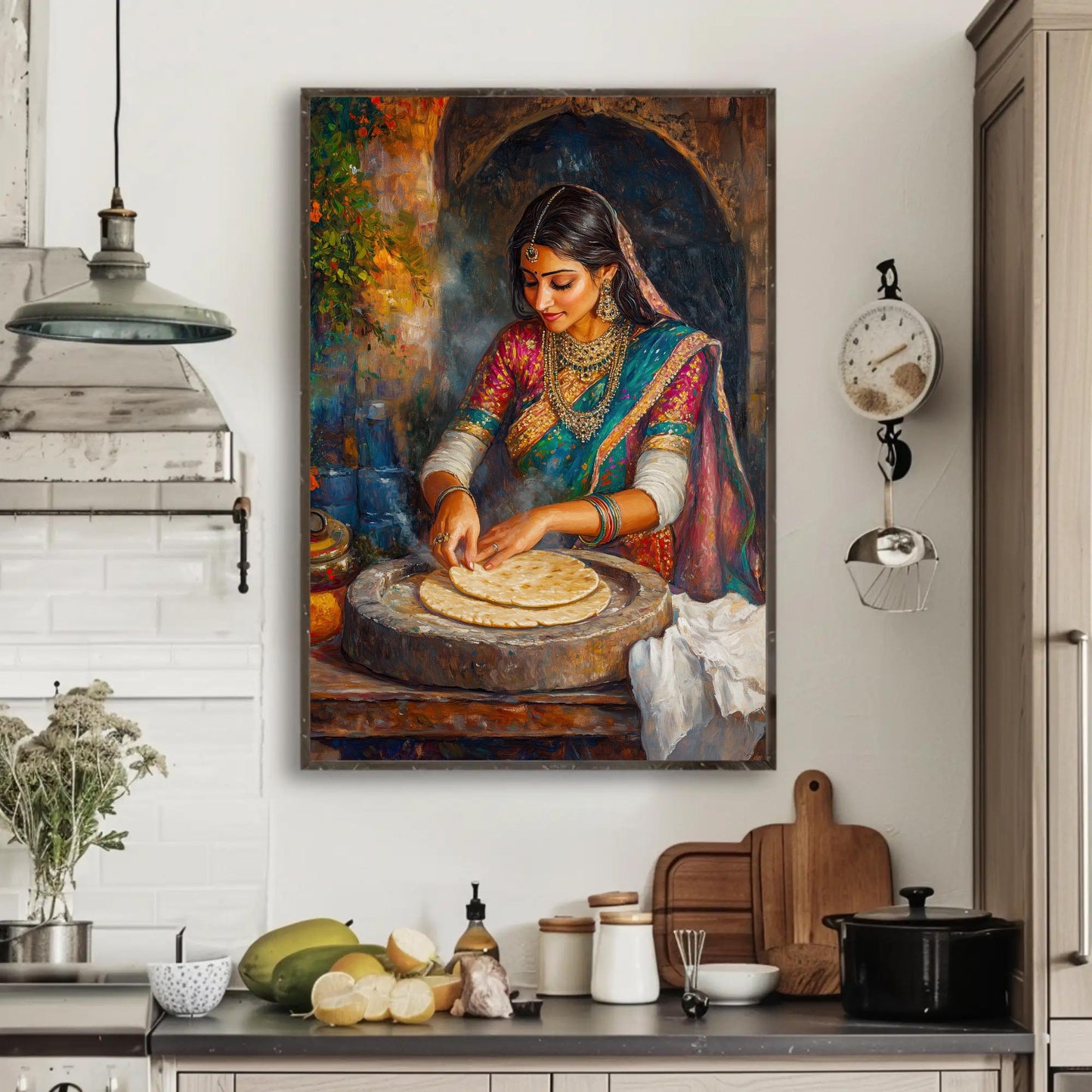 Indian Woman Roti , Traditional Desi Kitchen canvas wall art shown in a kitchen (view 3)