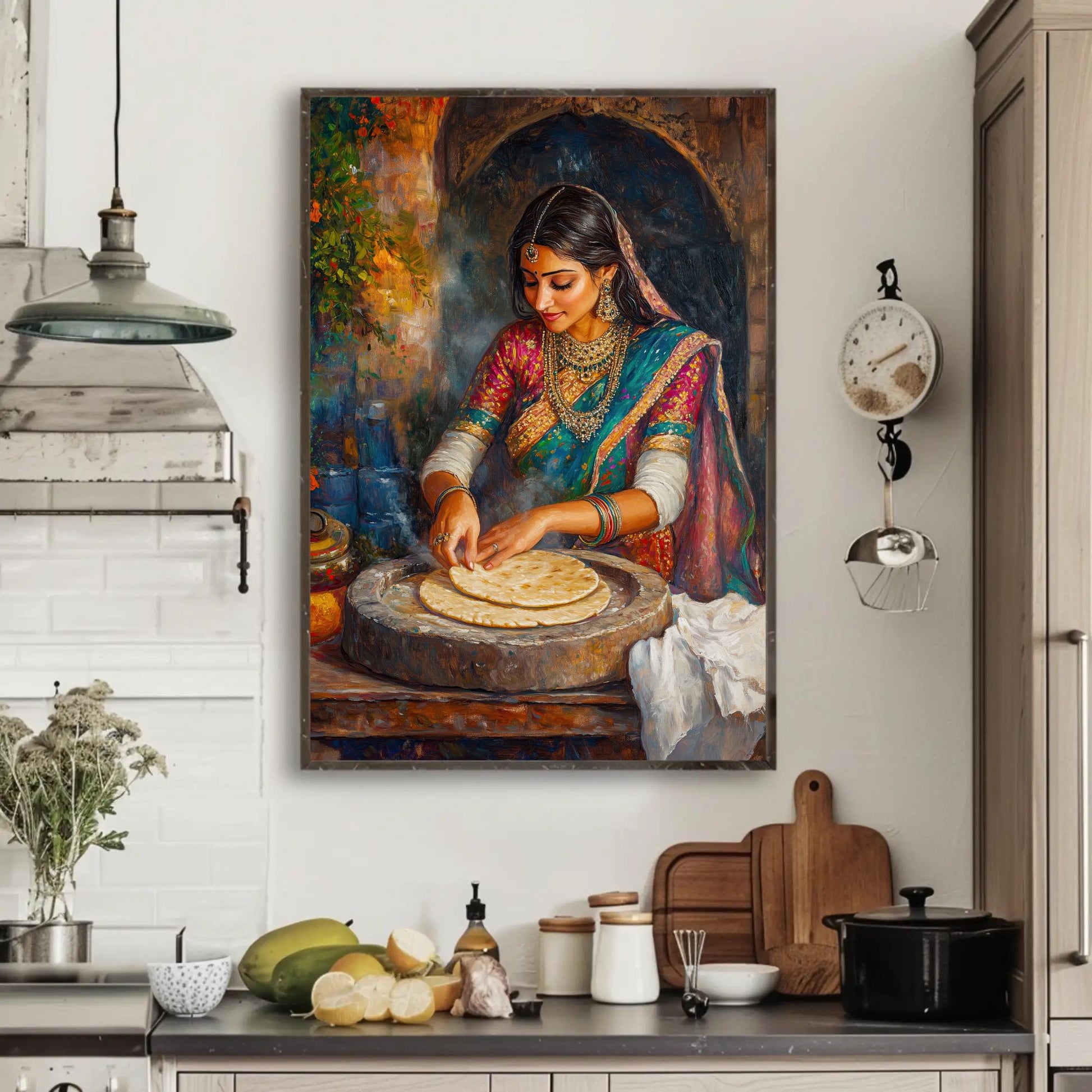 Indian Woman Roti , Traditional Desi Kitchen canvas wall art shown in a kitchen (view 3)