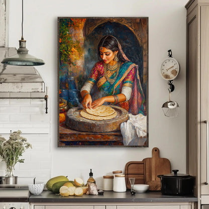 Indian Woman Roti , Traditional Desi Kitchen canvas wall art shown in a kitchen (view 3)