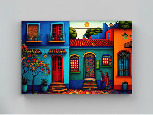 Mexican Village Art Print – Colorful Folk Art Wall Decor on Museum Grade Canvas
