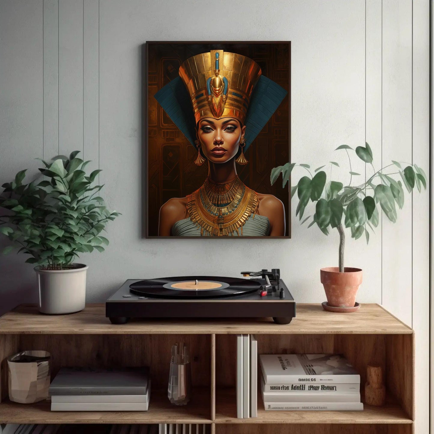 Queen Nefertiti , Egyptian Royal Black canvas wall art shown in a styled room (view 2)