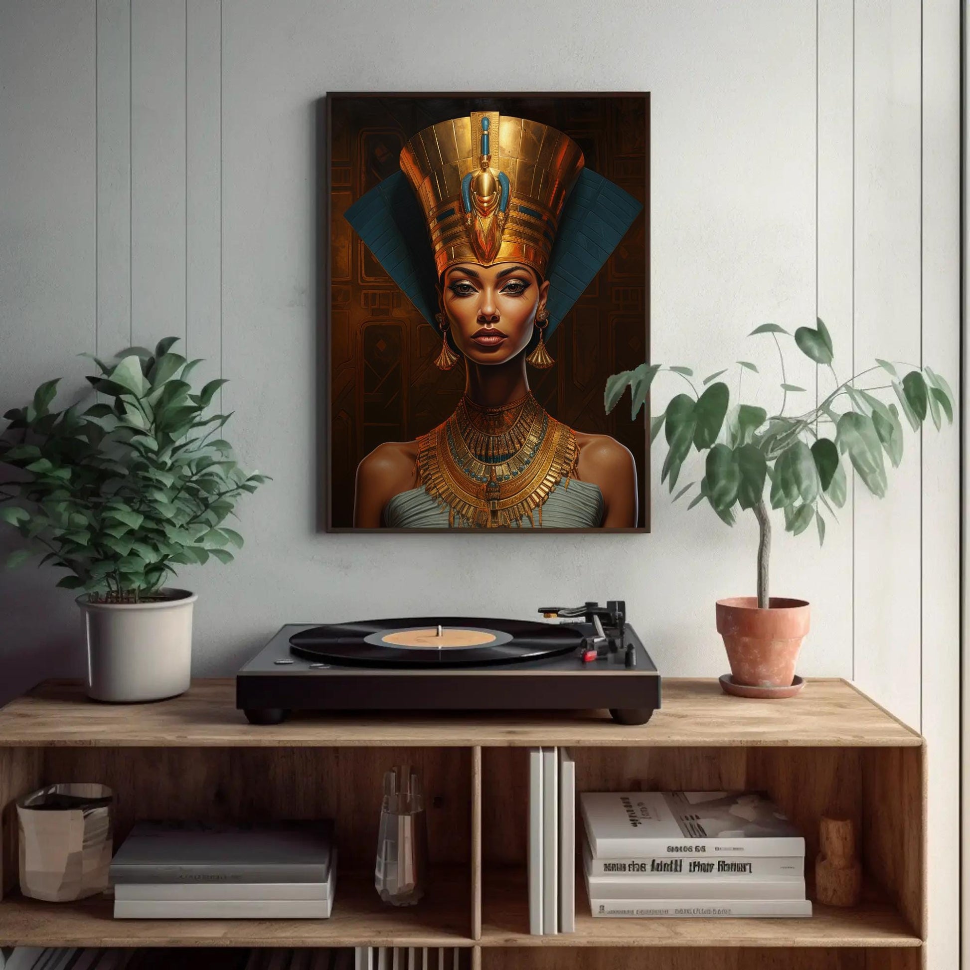 Queen Nefertiti , Egyptian Royal Black canvas wall art shown in a styled room (view 2)
