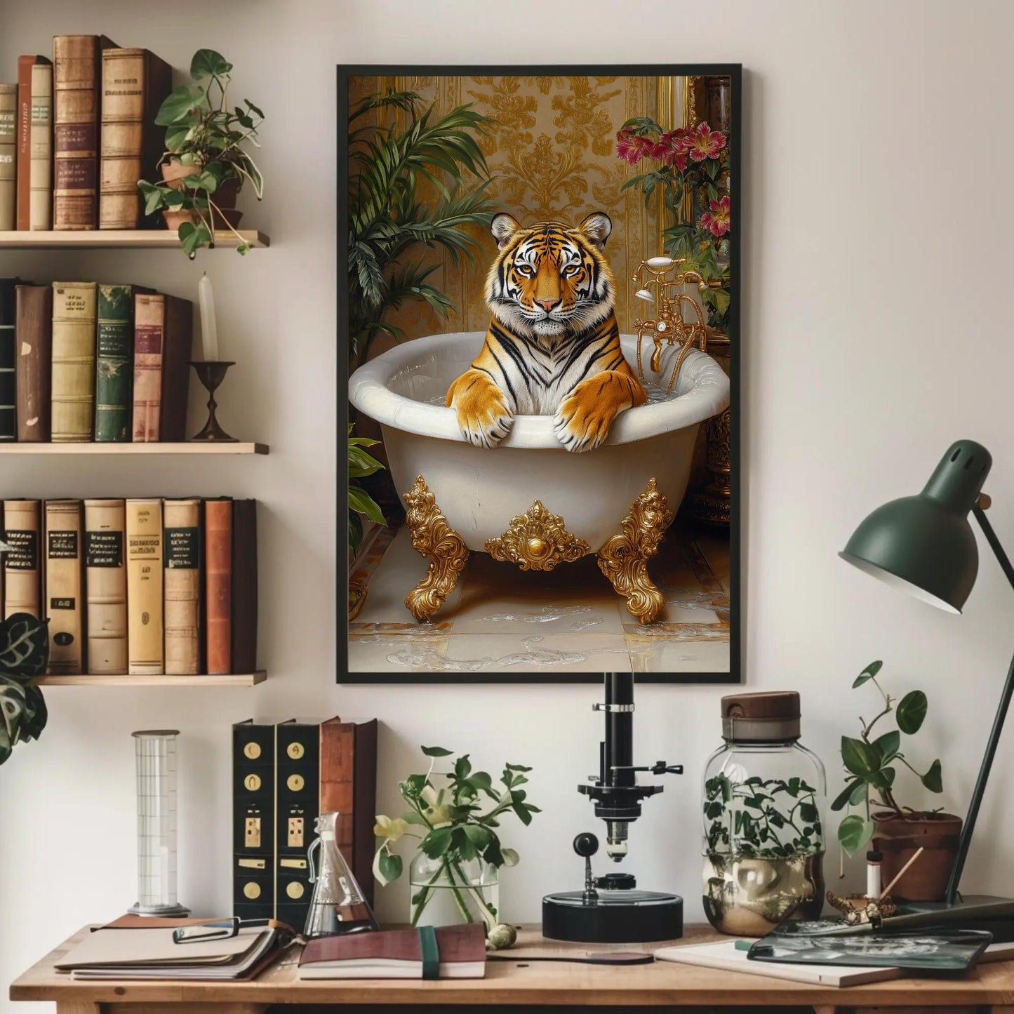 Tiger Bath canvas wall art shown in a styled room (view 3)