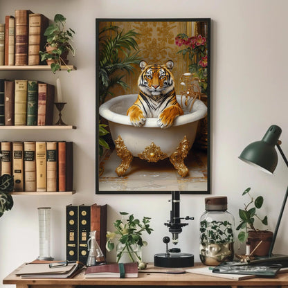 Tiger Bath canvas wall art shown in a styled room (view 3)