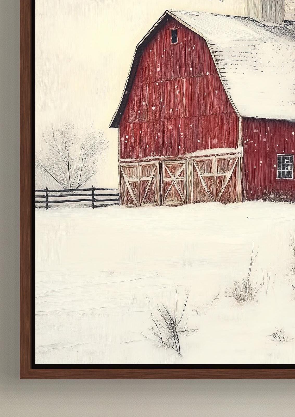 Red barn in winter snow canvas wall art, red barn stands in a snowy field, surrounded by bare trees and a fence