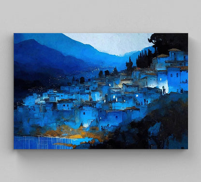 Chefchaouen Morocco Art Print, Blue Cityscape Painting on Premium Canvas