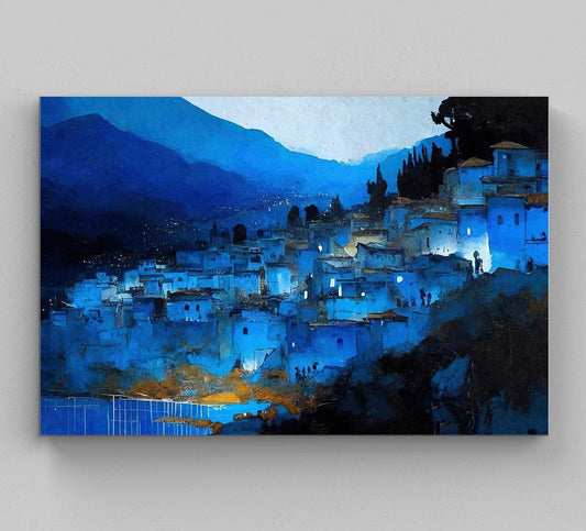 Chefchaouen Morocco Art Print – Blue Cityscape Painting on Premium Canvas