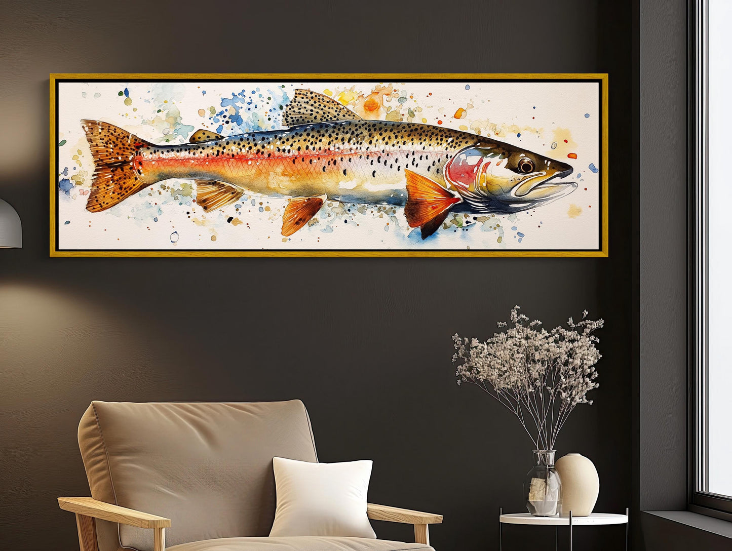 Rainbow Trout , Watercolor Fishing Cabin canvas wall art shown in a styled room