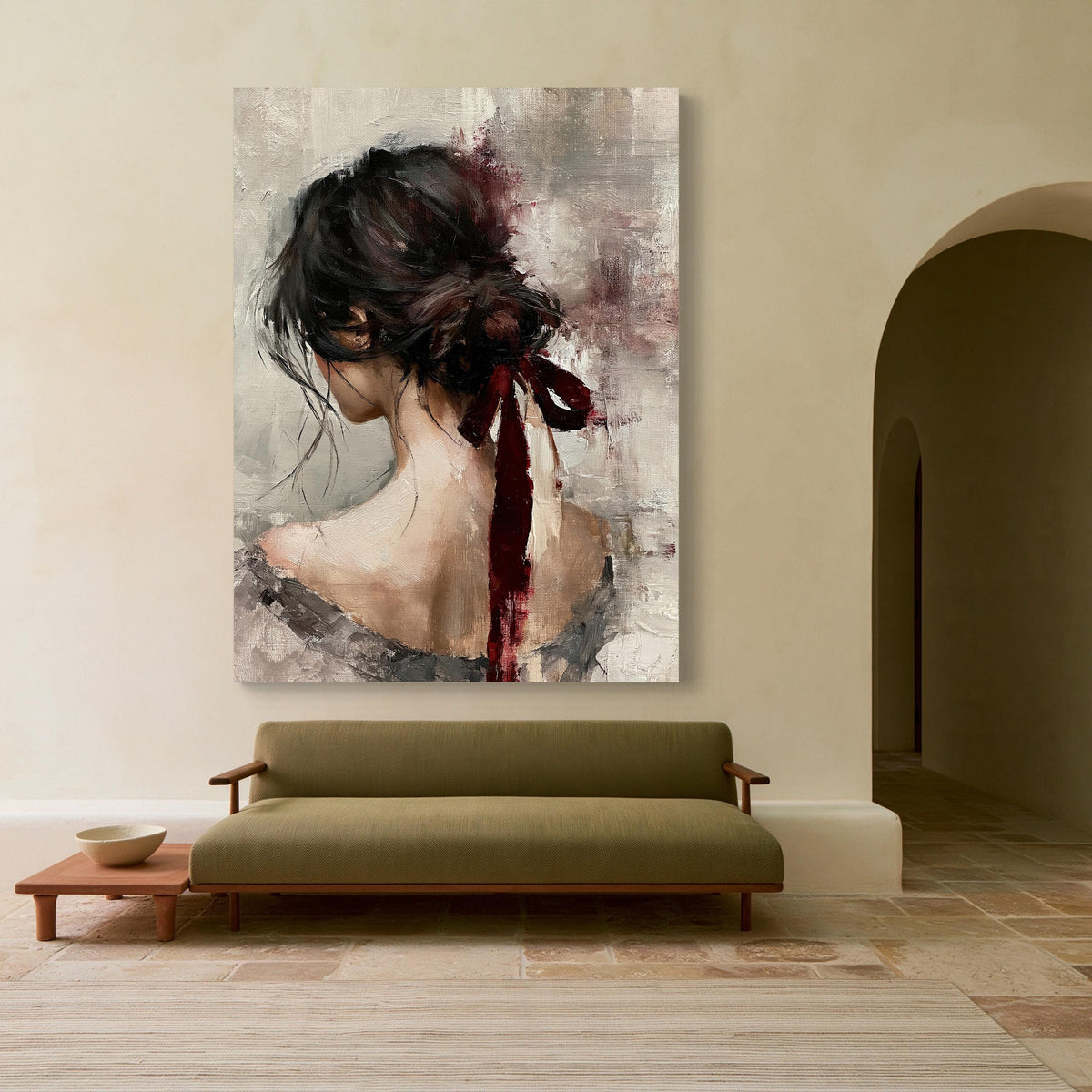 Woman back portrait canvas wall art, dark hair tied with a burgundy ribbon on a grey textured background