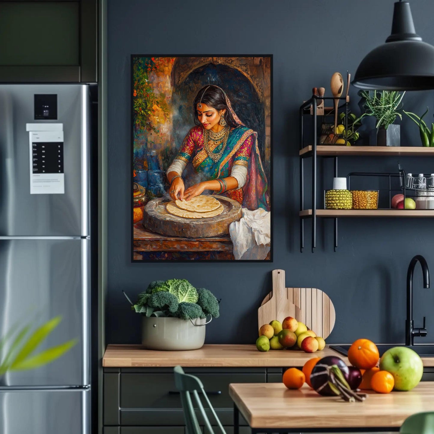 Indian Woman Roti , Traditional Desi Kitchen canvas wall art shown in a kitchen (view 2)