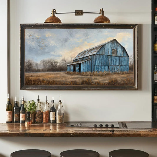 a painting of a blue barn hangs above a bar