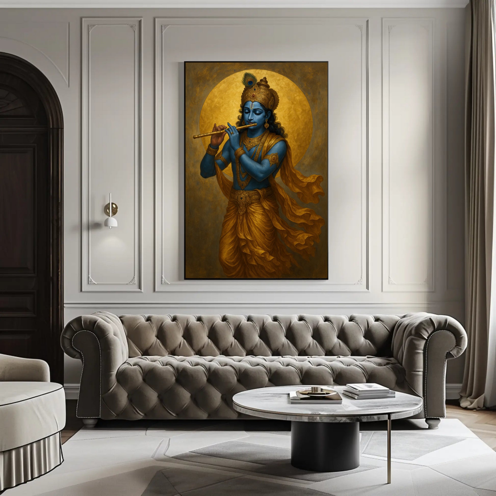 a large painting of a blue-skinned Hindu deity playing a flute, hanging on a wall in a living room setting.