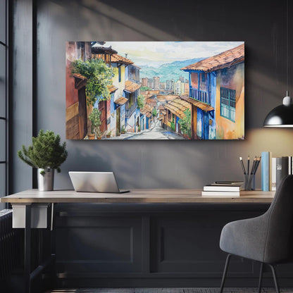 Medellín Watercolor Painting canvas wall art shown above a desk