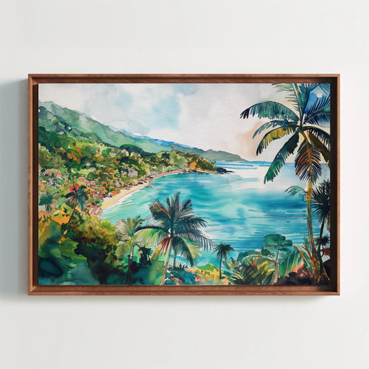 a painting of a tropical beach with palm trees