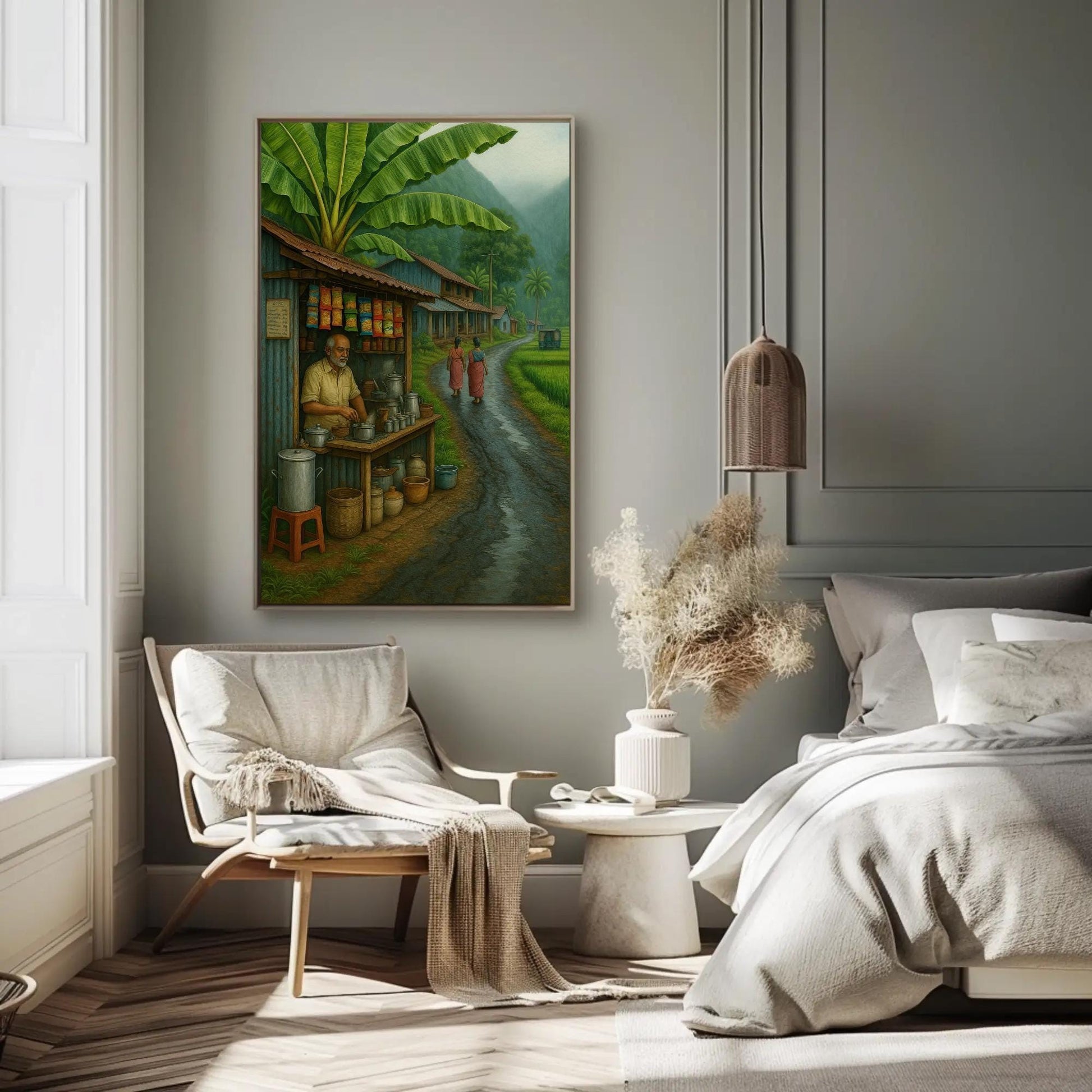 South Indian Tea Stall Art canvas wall art shown in a bedroom