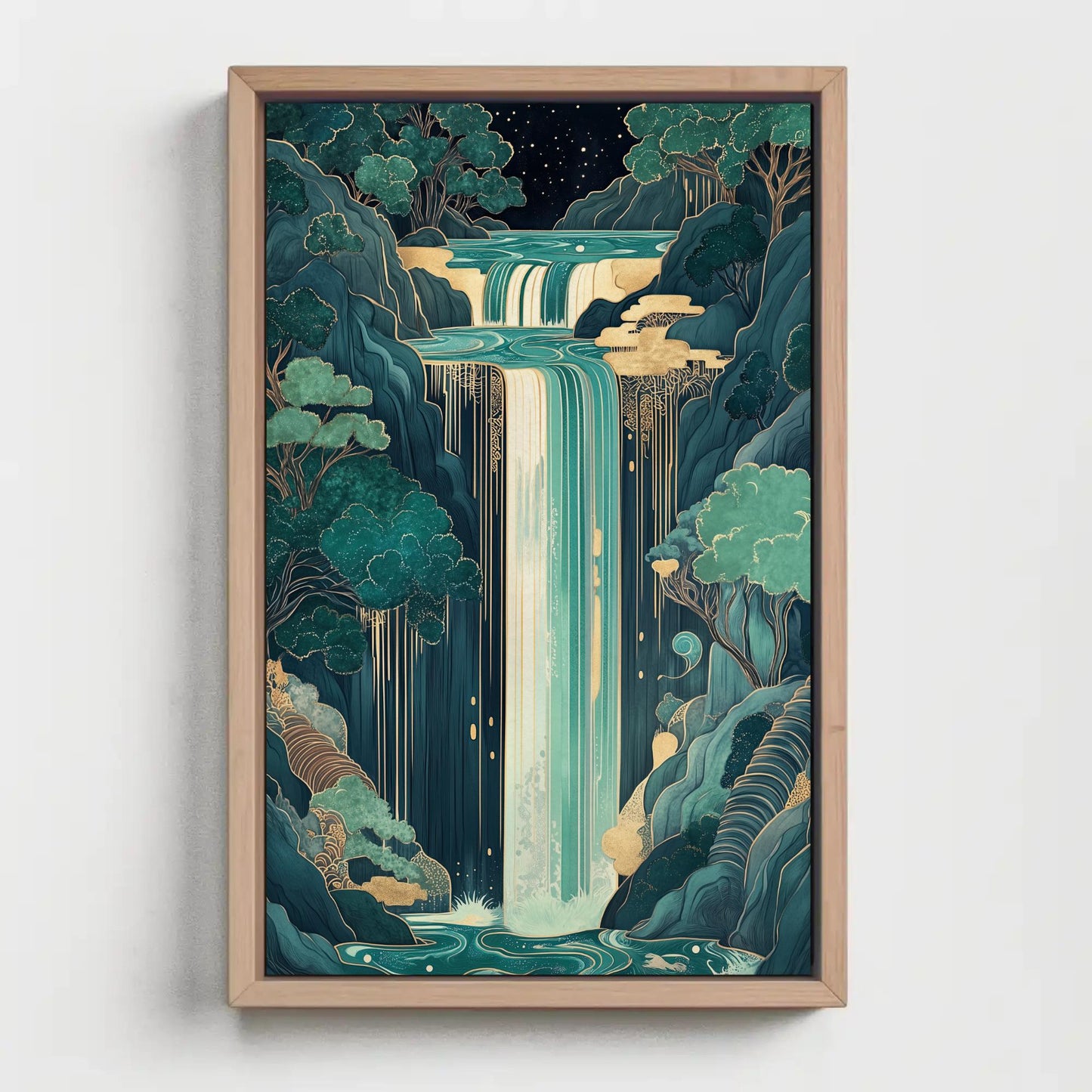 Magical Waterfall canvas wall art shown in a styled room