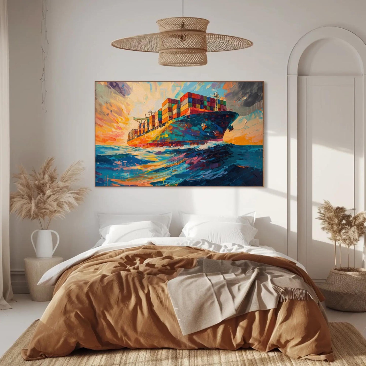 Container Ship canvas wall art shown in a bedroom