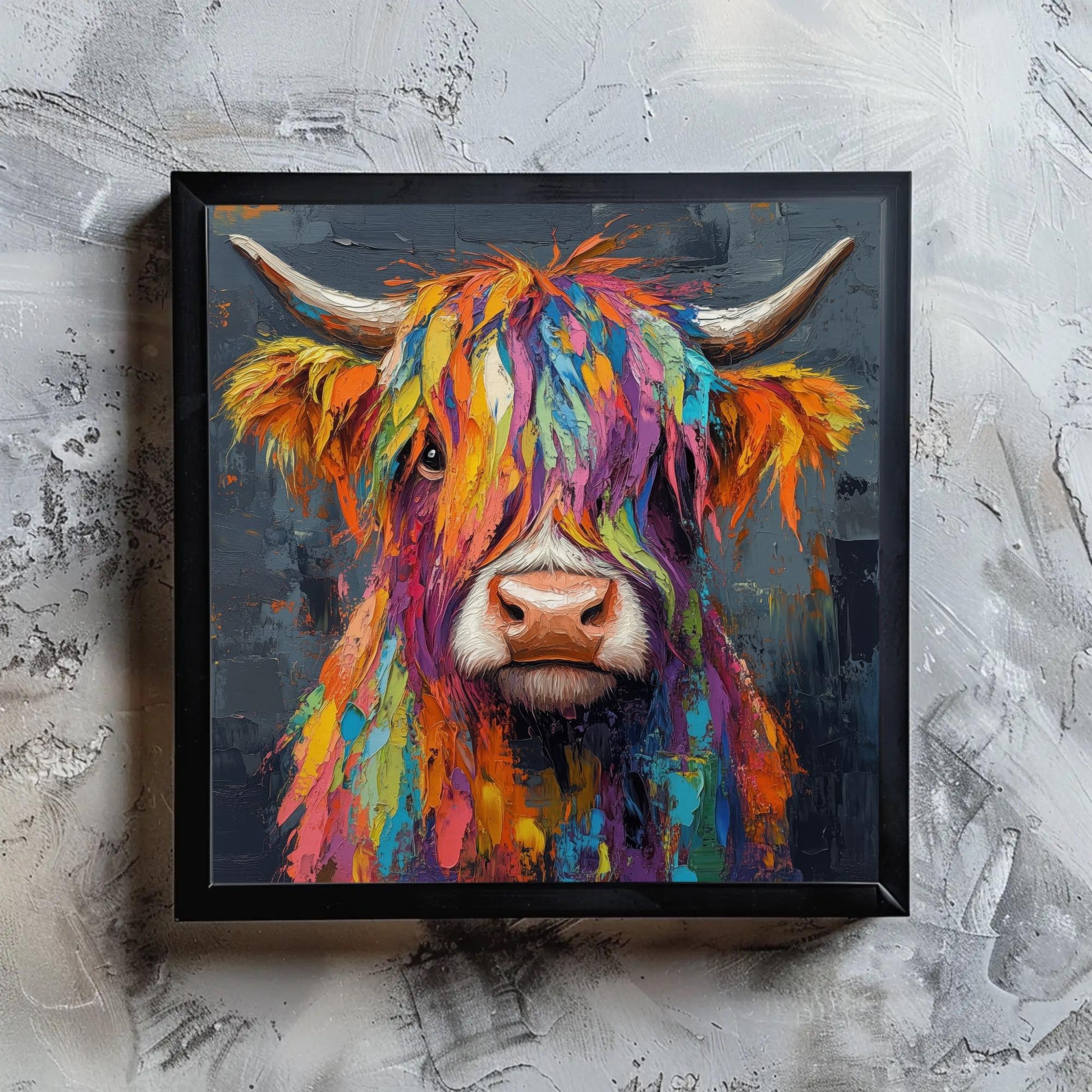 Colorful Highland Cow , Modern Farmhouse canvas wall art shown in a styled room (view 4)