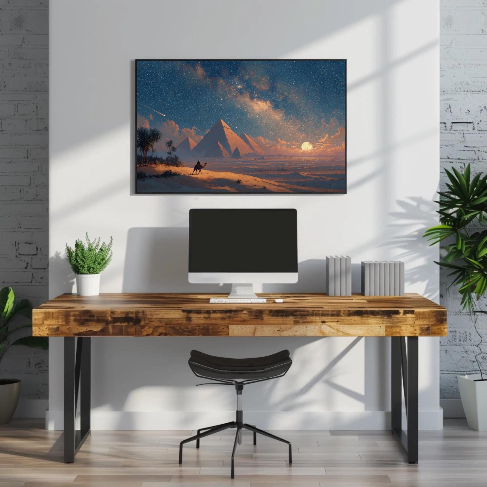 Egypt Pyramids canvas wall art shown above a desk