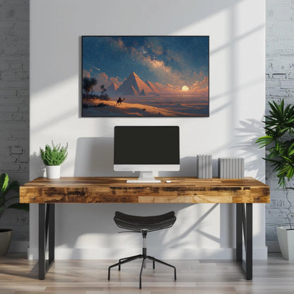 Egypt Pyramids canvas wall art shown above a desk