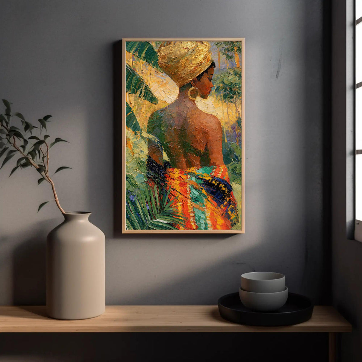 Caribbean woman in head wrap canvas wall art, framed painting of a woman with a colorful headdress, hanging on a wall above