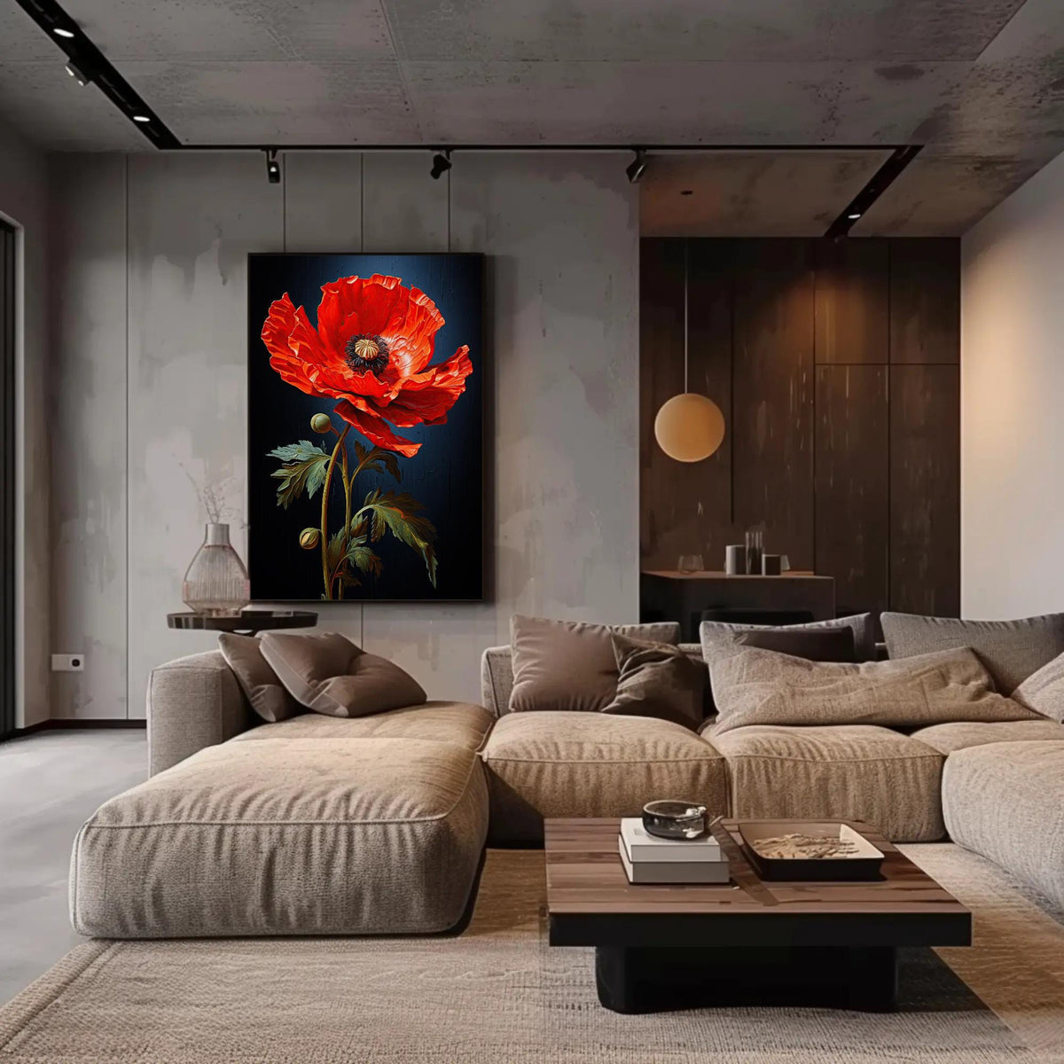 Red poppy on navy canvas wall art, modern living room with a large, vibrant red flower painting on the wall, a gray