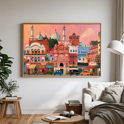 a large, colorful painting of a cityscape hanging on a wall in a living room.