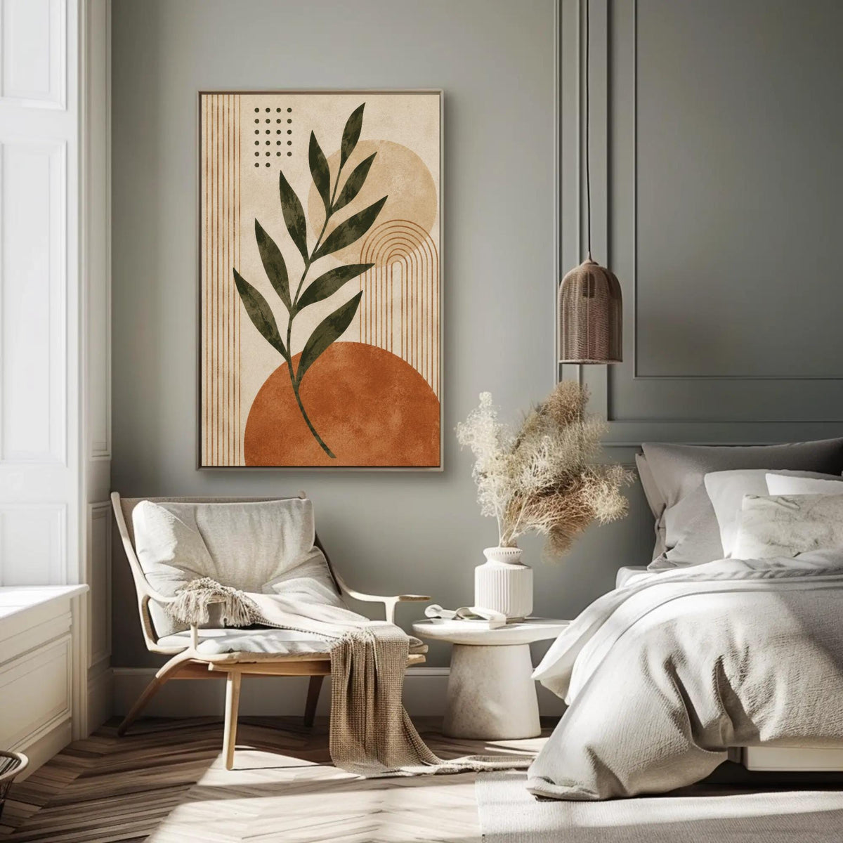 Boho leaf and sun canvas wall art, serene and modern bedroom with a large abstract painting featuring a leaf and an orange