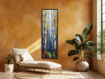 Autumn Birch Grove canvas wall art shown in a living room