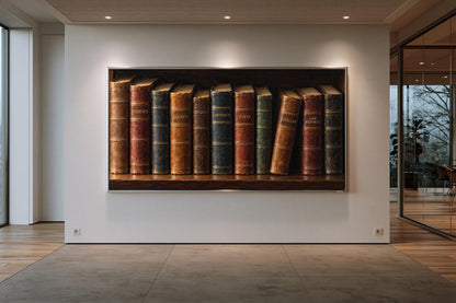 A large framed painting of a row of old books is displayed on a white wall in a room with a wooden floor.