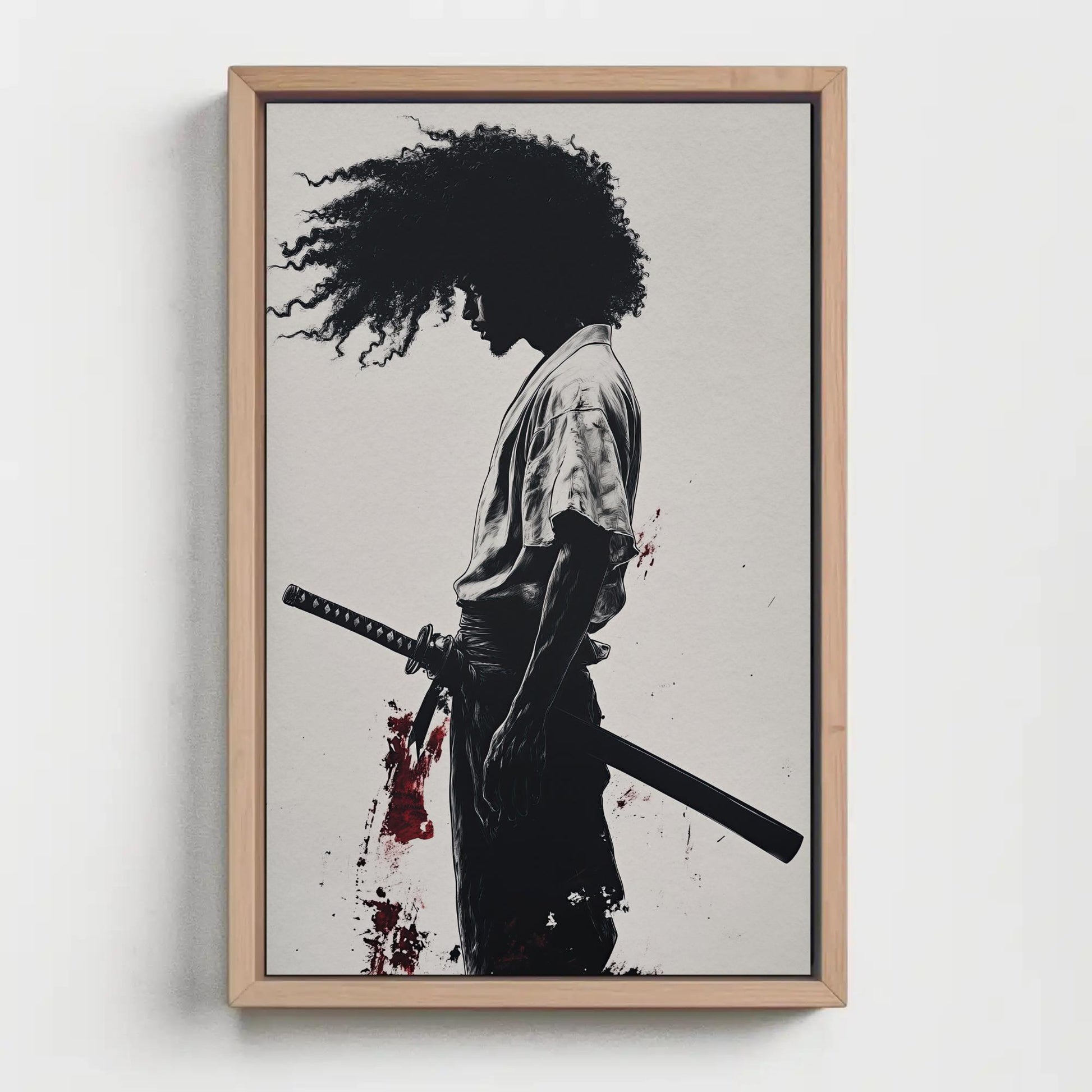 African Samurai , Black Warrior Anime canvas wall art shown in a styled room