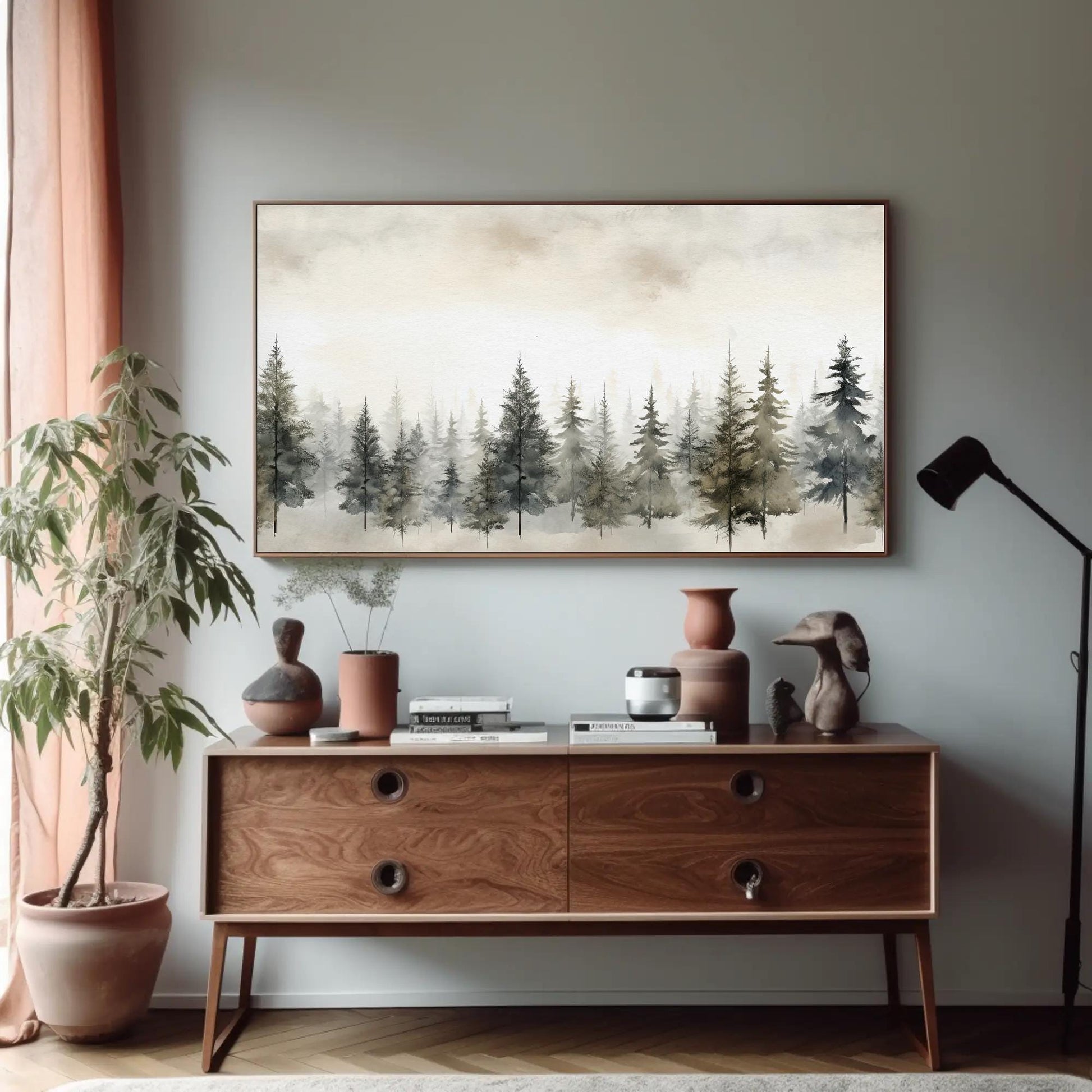 Pine Tree canvas wall art shown in a styled room