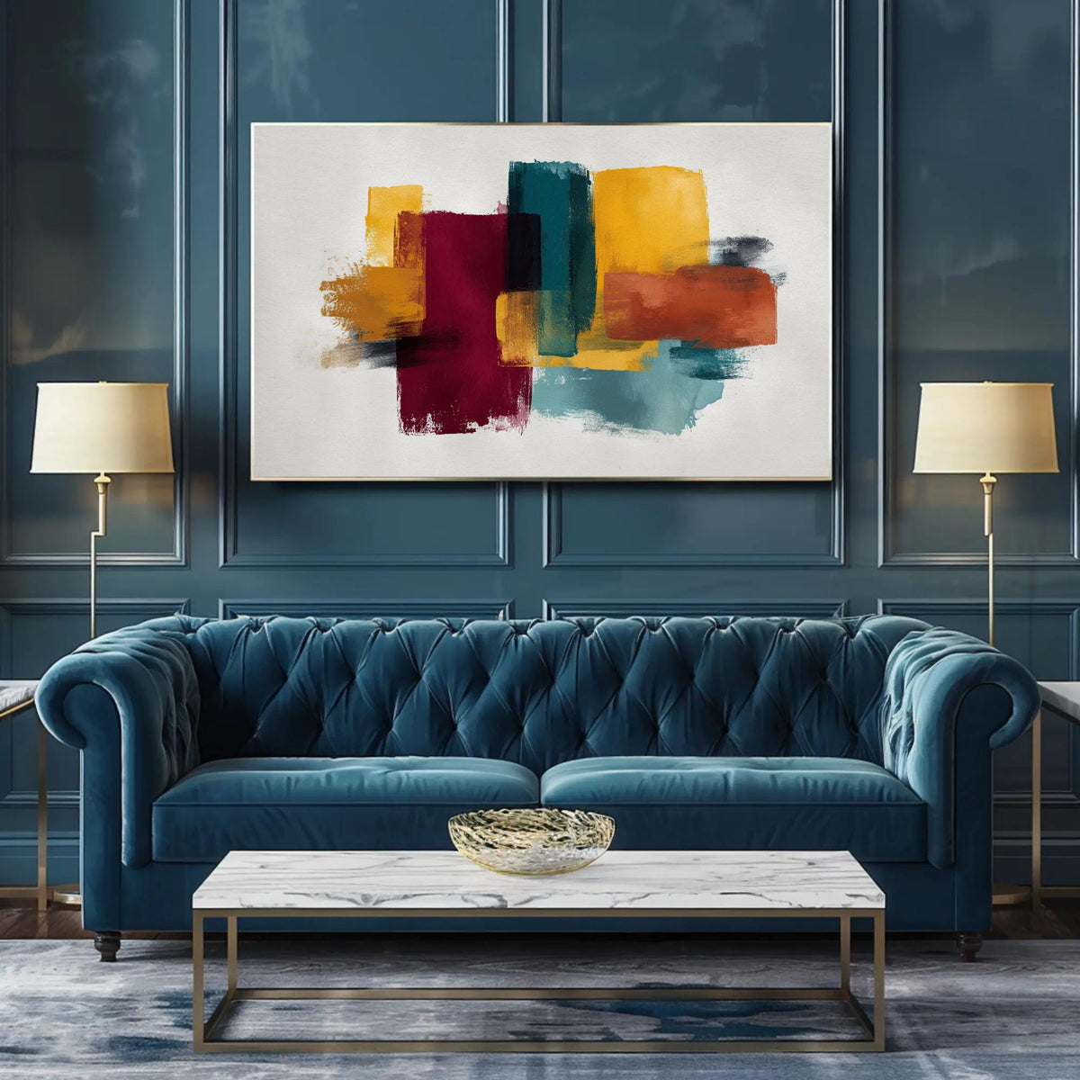 Abstract color brushstrokes canvas wall art, living room with a blue tufted sofa, a white marble coffee table, and a large