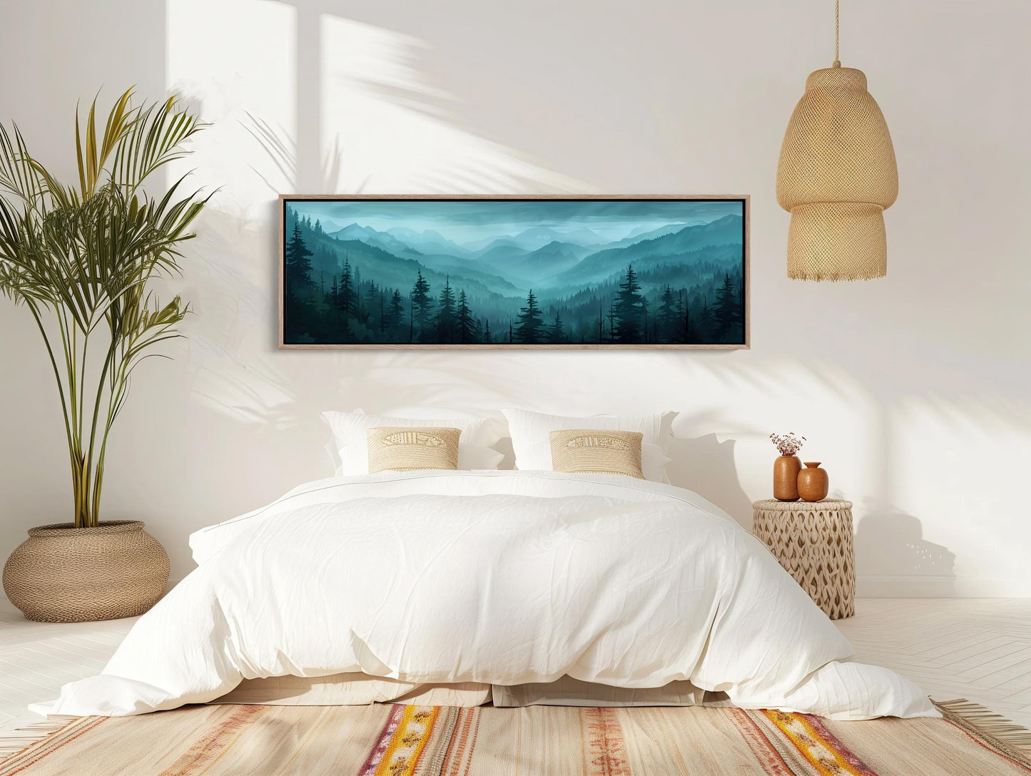 Misty Mountain Forest Art canvas wall art shown in a bedroom (view 3)