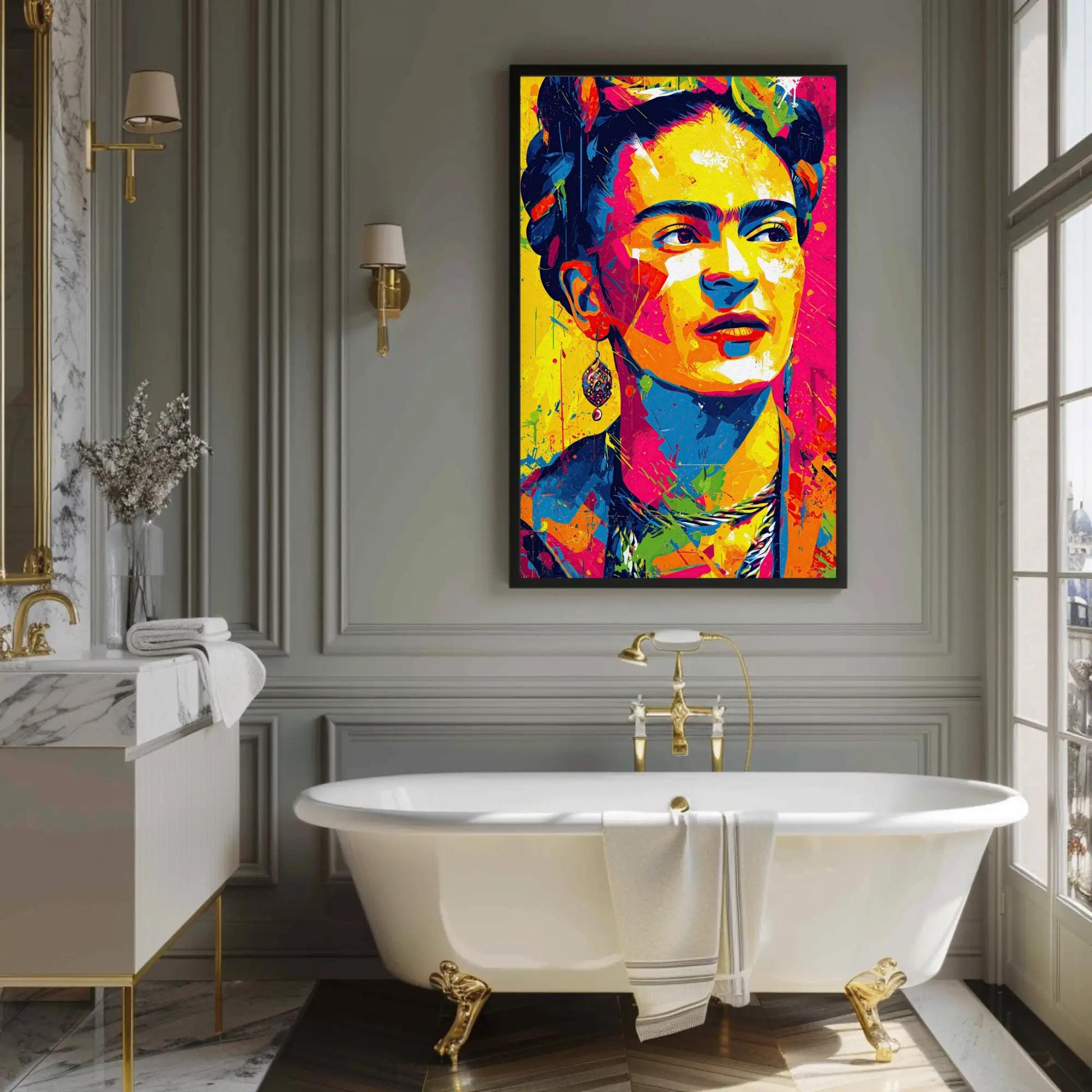 Frida Kahlo canvas wall art shown in a bathroom