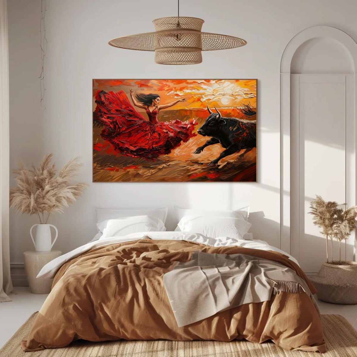 Flamenco dancer and bull canvas wall art in a room setting
