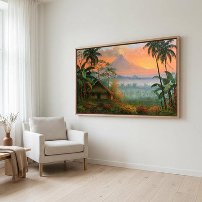 a large painting of a tropical landscape with a mountain in the background, hanging on a white wall in a living room.
