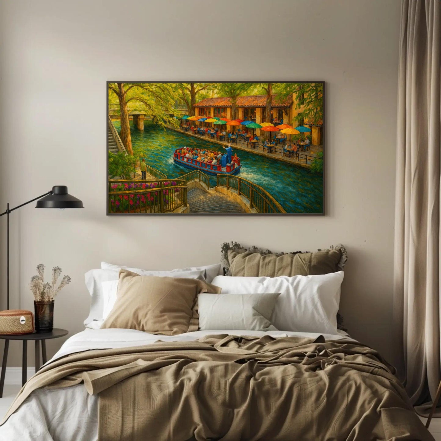 San Antonio River Walk canvas wall art shown in a bedroom (view 2)