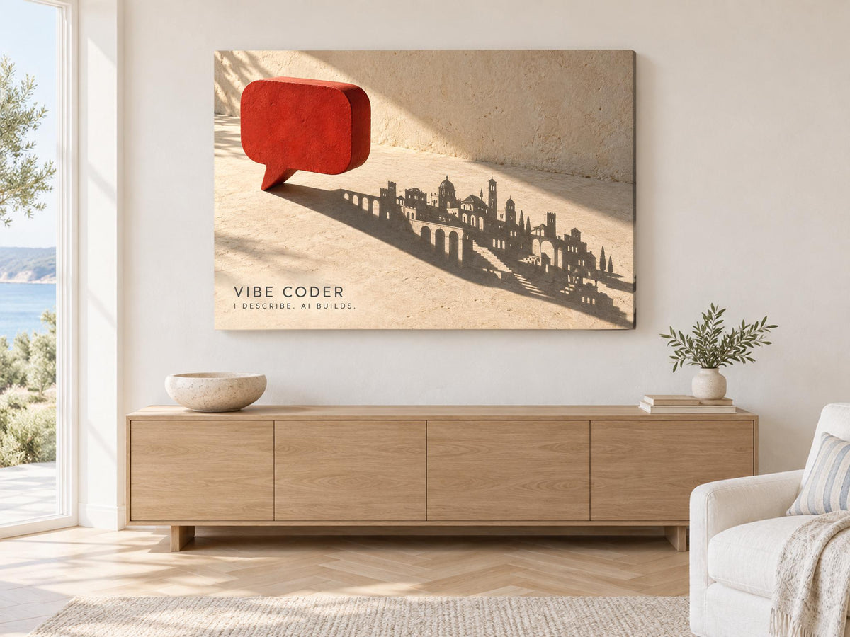 a large wooden cabinet with a bowl on top, and a potted plant on the floor next to it. Above the cabinet, there is a framed artwork depicting a red speech bubble on a sandy beach with a city skyline in the background.