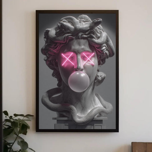 A framed artwork depicting a sculpture of a woman with a snake wrapped around her neck, and pink glowing eyes.