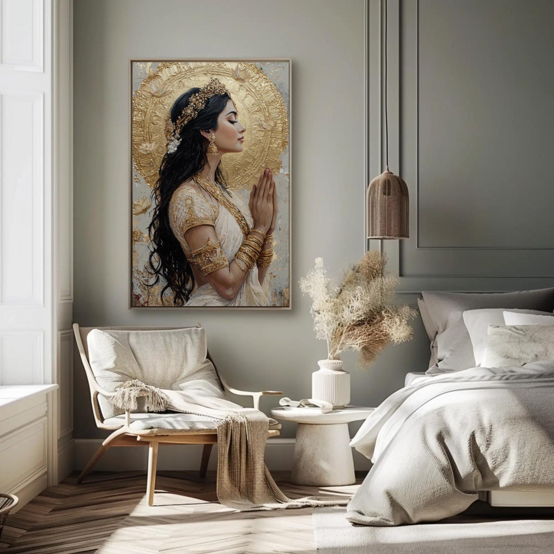 Gold Lakshmi canvas wall art shown in a bedroom