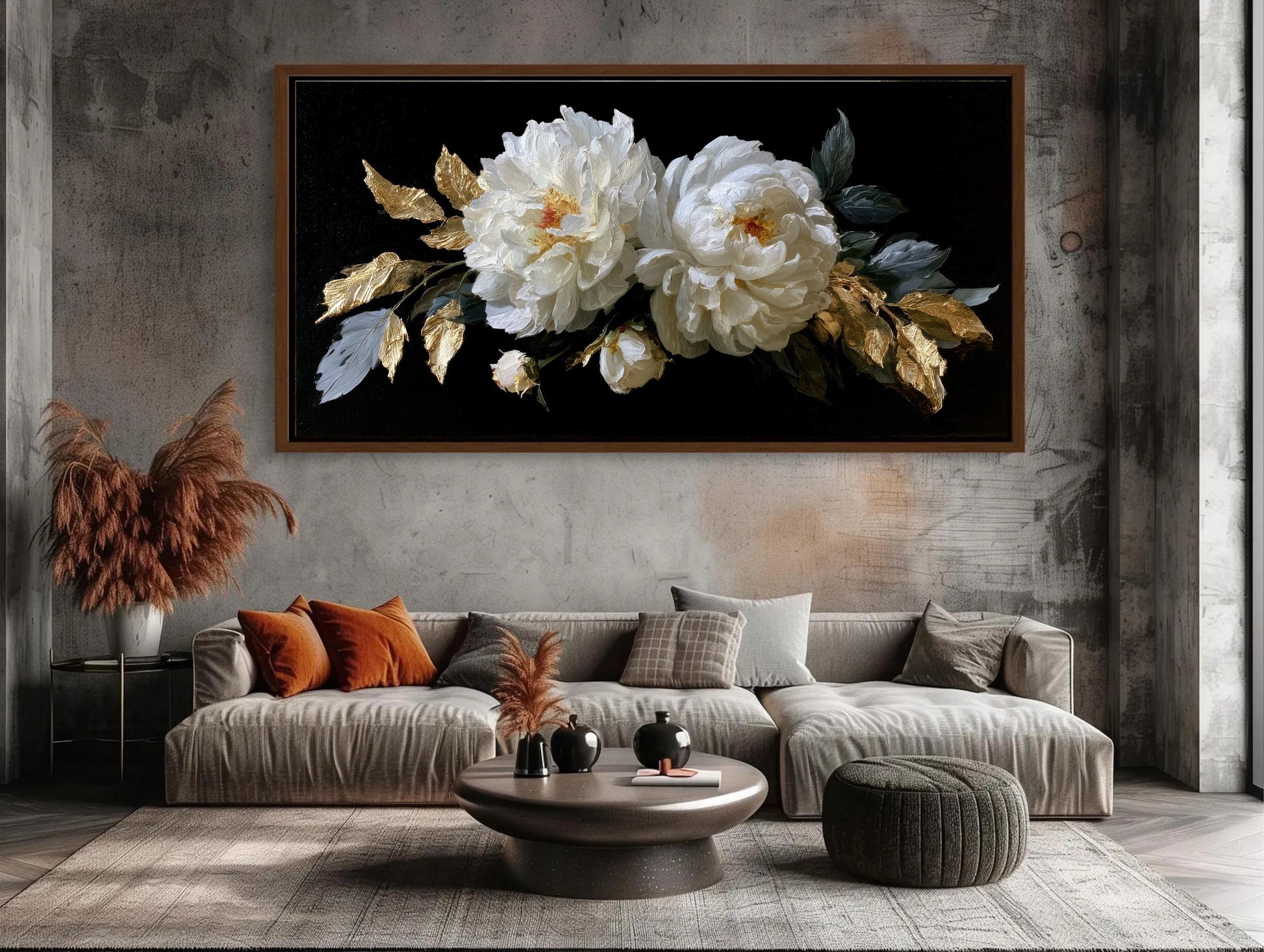 Baroque White Peony canvas wall art shown in a styled interior