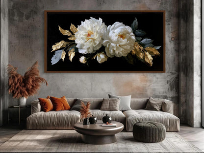 Baroque White Peony canvas wall art shown in a styled interior