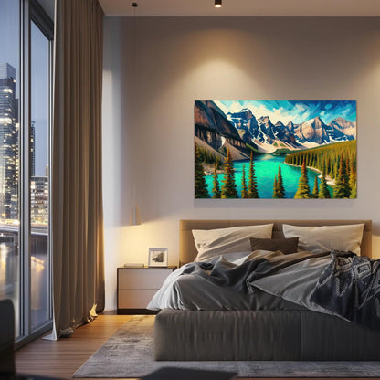 Moraine Lake Oil Painting canvas wall art shown in a bedroom (view 2)